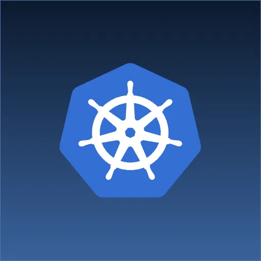 Kubernetes logo, in blue, on a blue to black gradient background