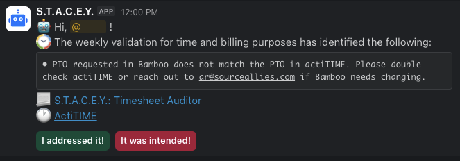 Message depicting a slack bot time entry reminder
