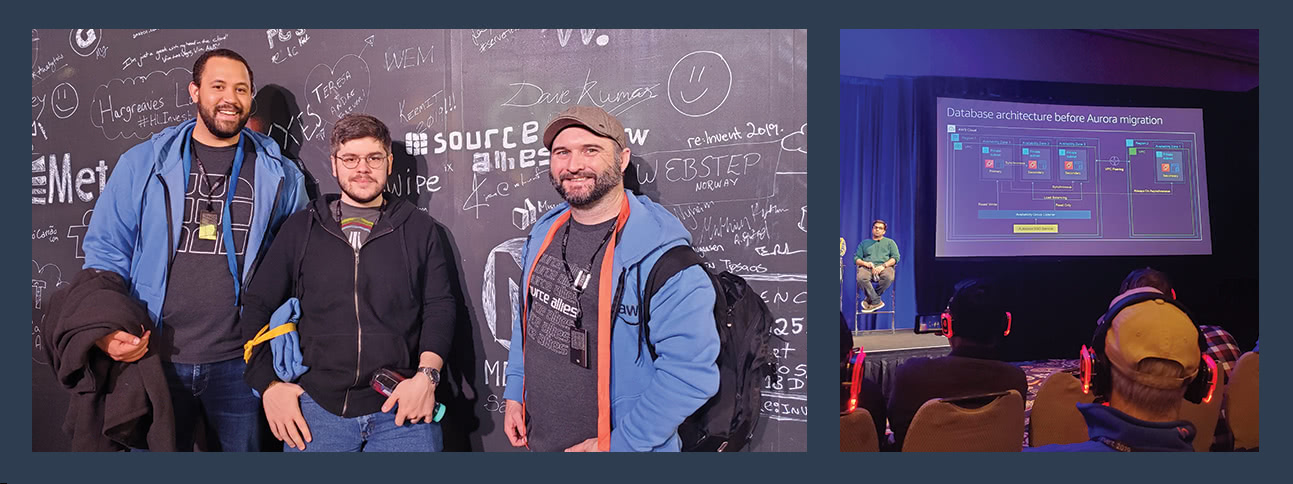 Three teammates posing for picture at AWS re:Invent 2019