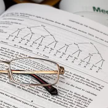 A pair of glasses sitting on an open book showing a decision tree