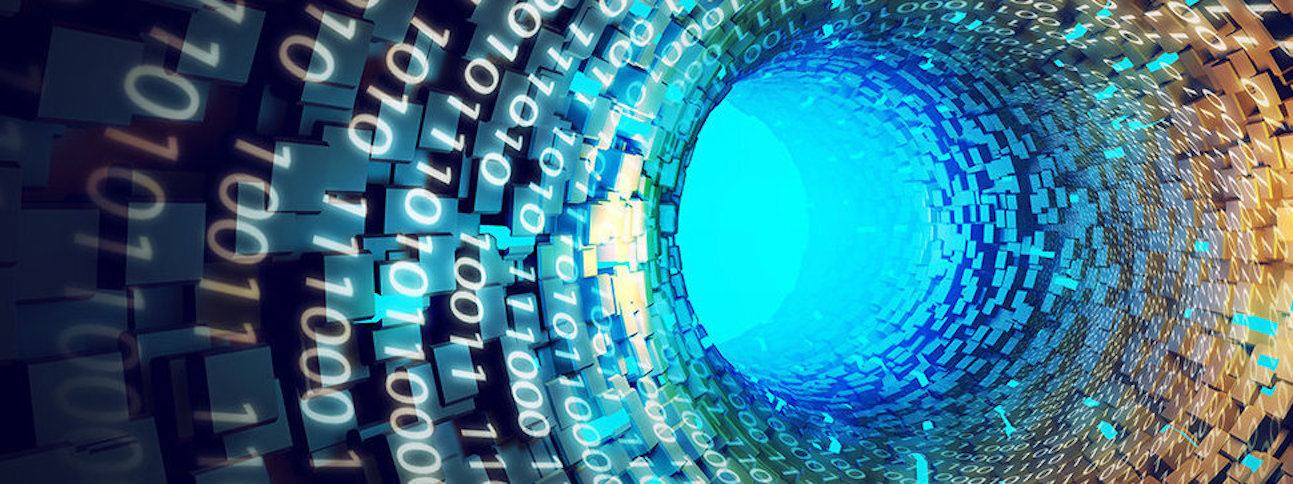 Worm hole-like tunnel of blocks and binary numbers fading into a light blue center.