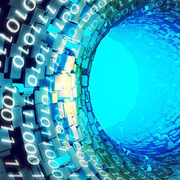 Worm hole-like tunnel of blocks and binary numbers fading into a light blue center.