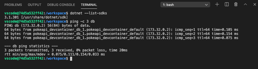 VS Code Remote Container integrated terminal with .NET Core tools