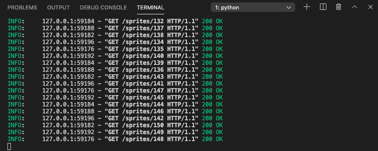 VS Code Remote Container integrated terminal with Pokémon sprite service logging