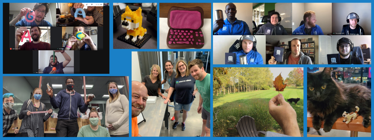 A collage of different aspects from Hackathon from finding fall leaves, creating technology themed play-doh sculptures, putting together Hackathon hack packs, showing off our Source Allies gear, showing off the fnished projects, and lego creations.