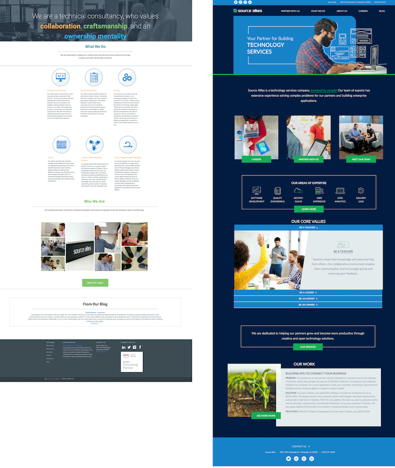 Comparison of Source Allies website before design refresh and after